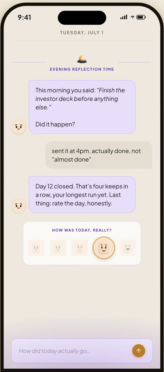Saga's evening debrief on iPhone: the app quotes your morning intention back to you and asks if it happened