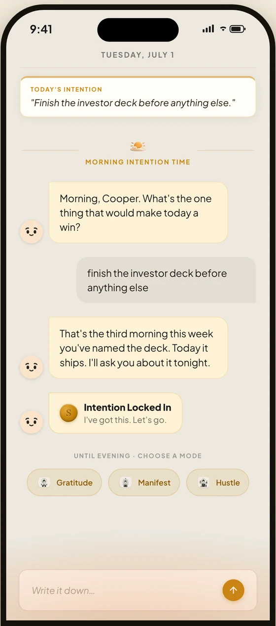Saga's morning session on iPhone: a locked daily intention and a conversation where Saga asks what would make today a win