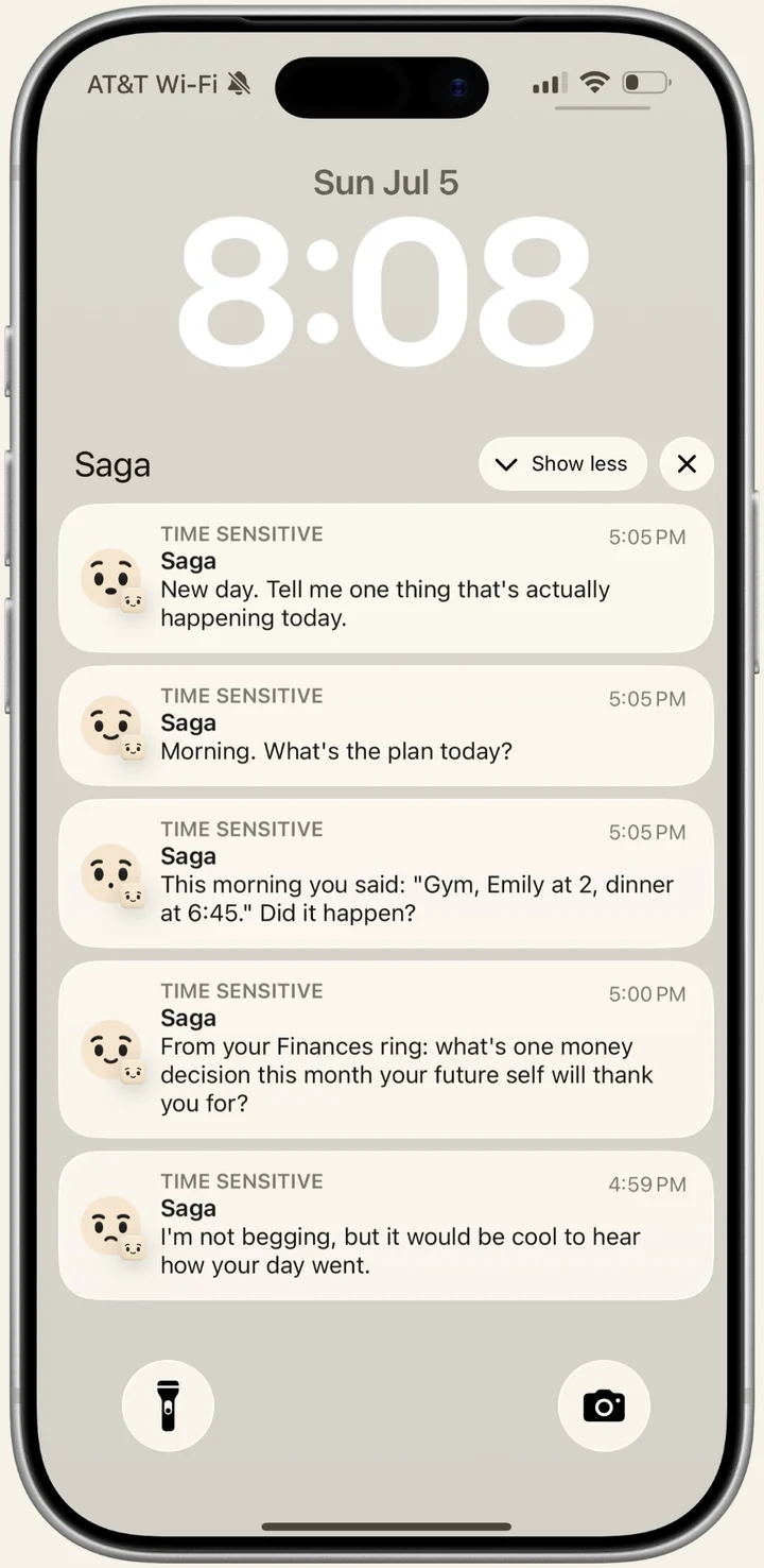 A real iPhone lock screen with Saga notifications: New day, tell me one thing that's actually happening today. This morning you said gym, Emily at 2, dinner at 6:45 — did it happen? I'm not begging, but it would be cool to hear how your day went.