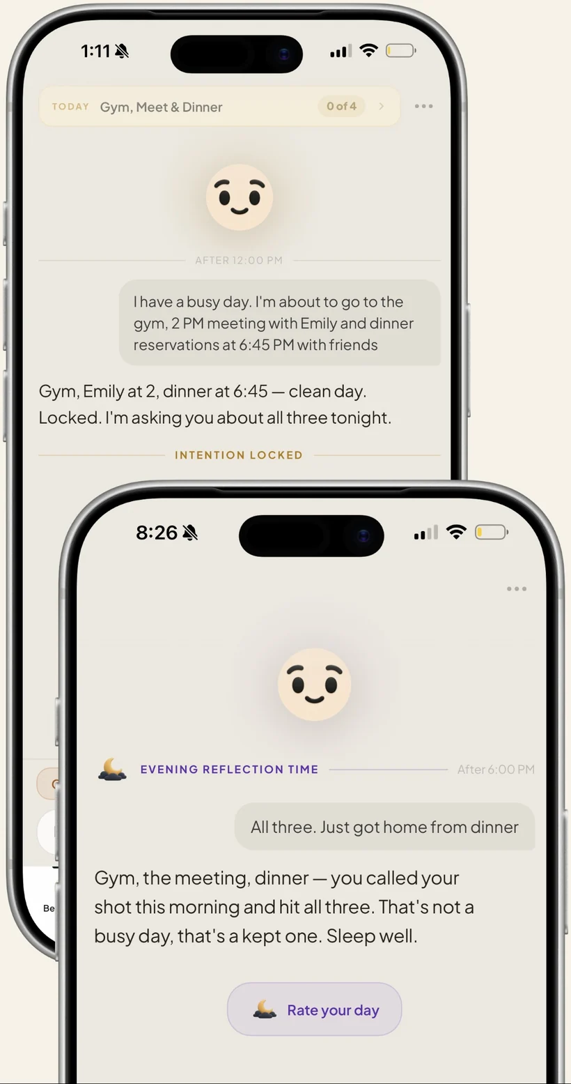 Two iPhones showing a real Saga conversation: in the morning the user says gym, 2 PM meeting with Emily and dinner at 6:45, Saga locks it — and that evening Saga confirms all three happened: you called your shot this morning and hit all three.