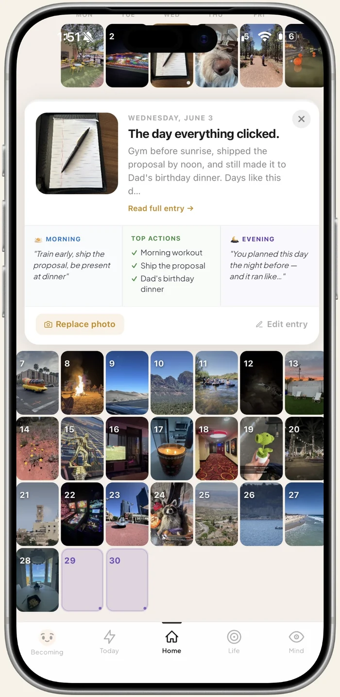 Saga's photo timeline on iPhone: a month of daily photos in a calendar grid, with a journal entry titled 'The day everything clicked' showing the morning intention, completed actions and evening reflection